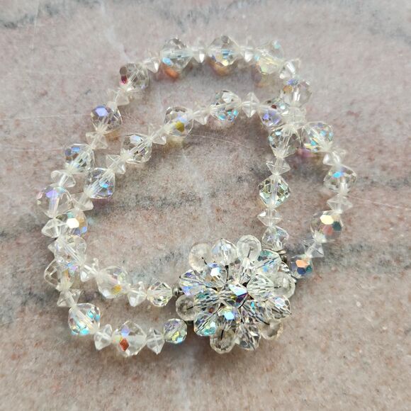 Bracelet & Dangle Earrings Set AB Crystal Bead Double Strand Wedding VTG Jewelry - Picture 6 of 13